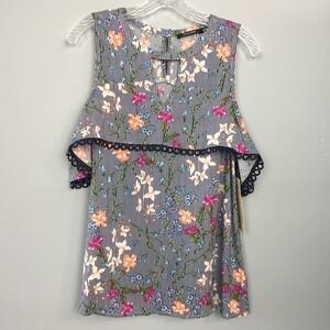 𝅺doe & Rae Cold Shoulder Flounce Navy Blue Striped Floral Top Women’s Size S